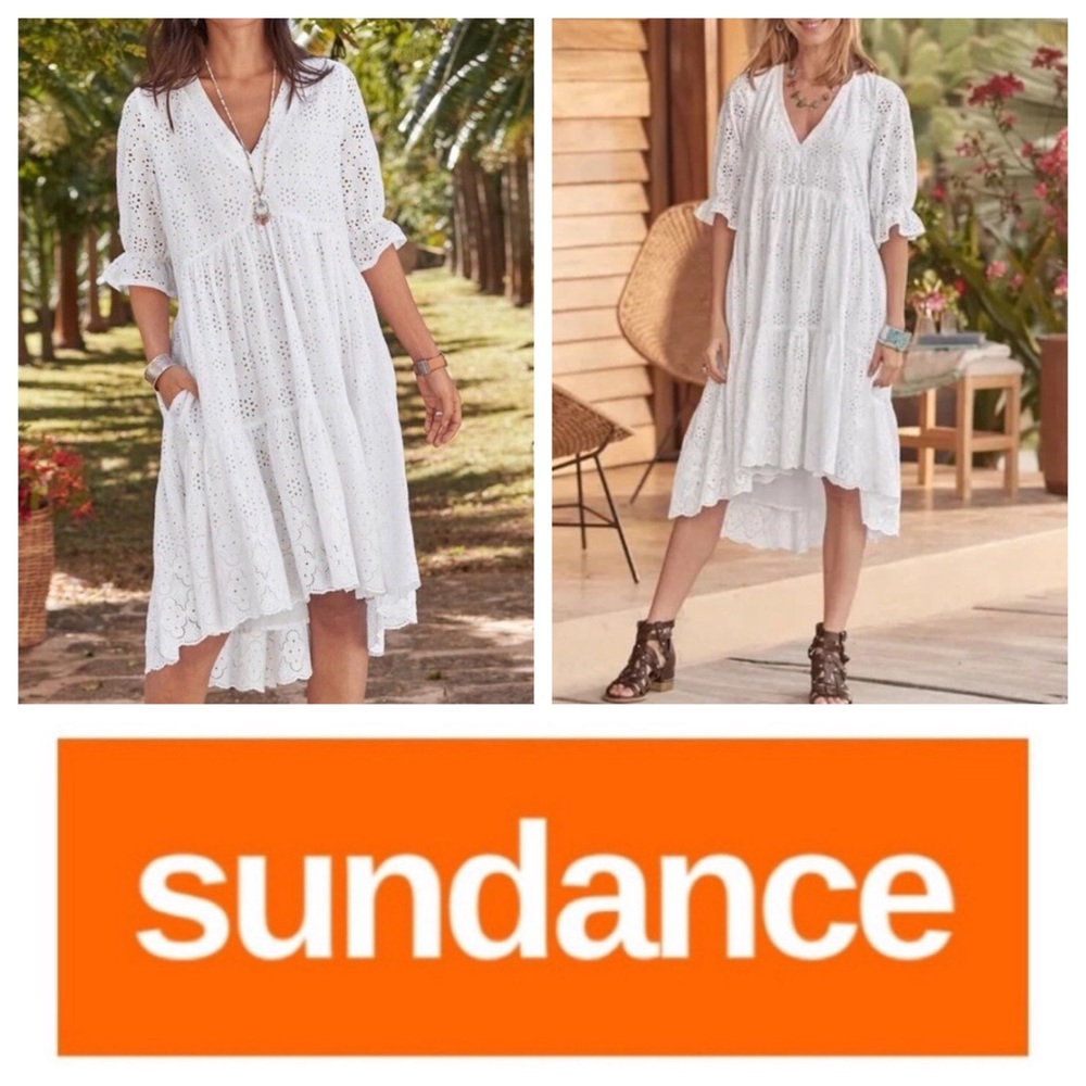 Sundance White Eyelet V-Neck Hi-Low Tiered Dress